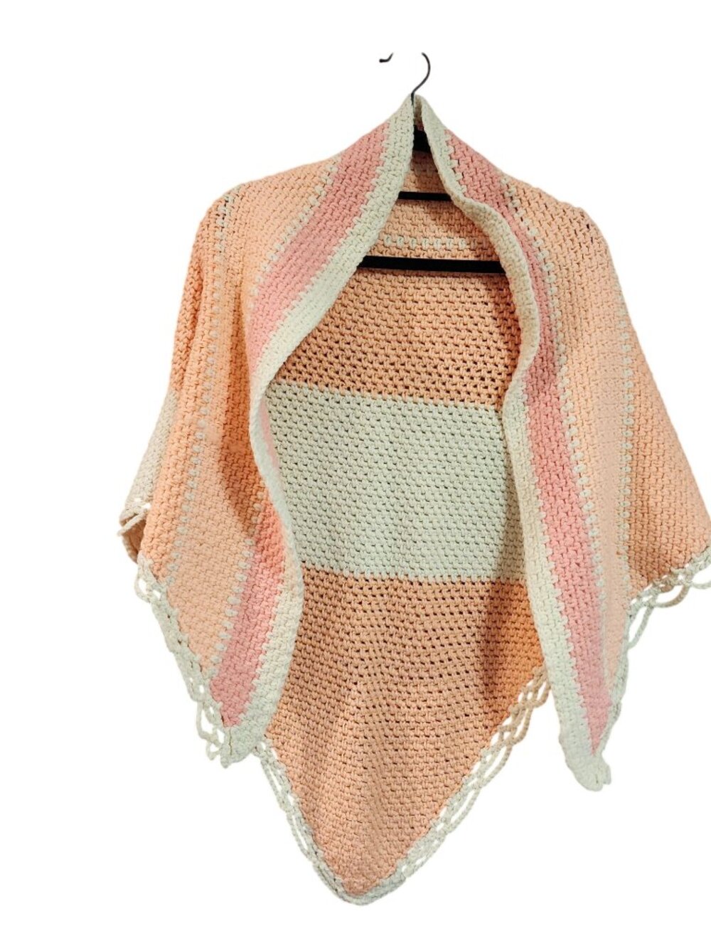 Vintage Handmade crochet summer poncho Cream peach striped color One Size